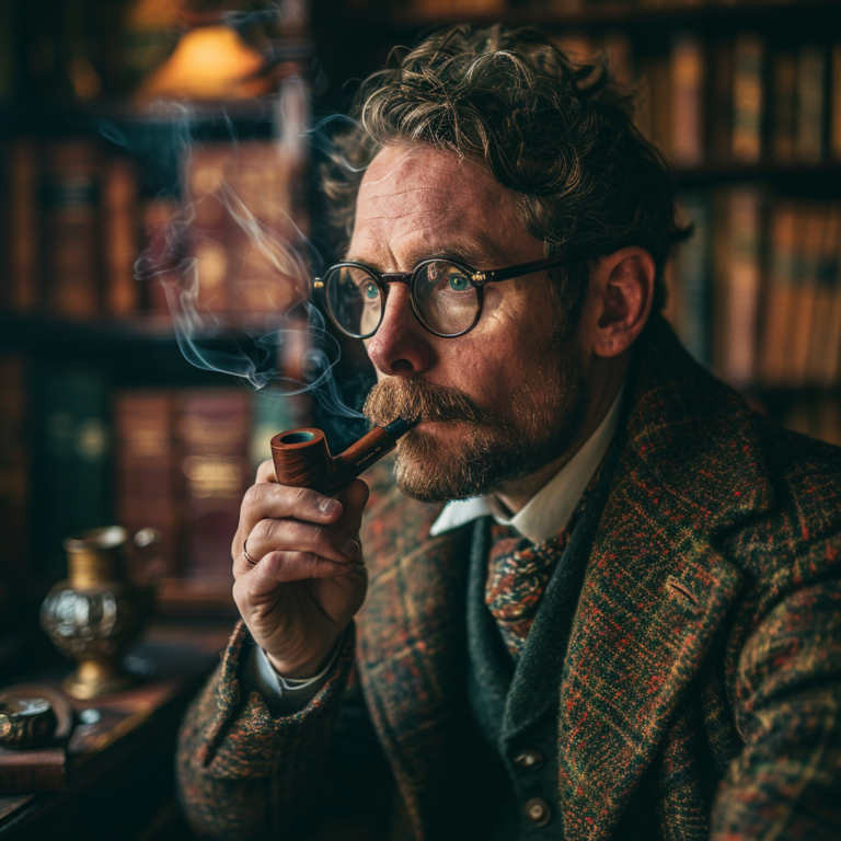 man in a library smoking a pipe.
