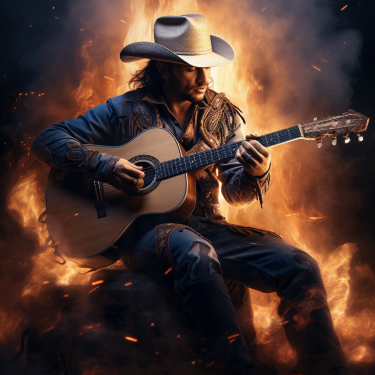 Cowboy playing guitar with fire behind him