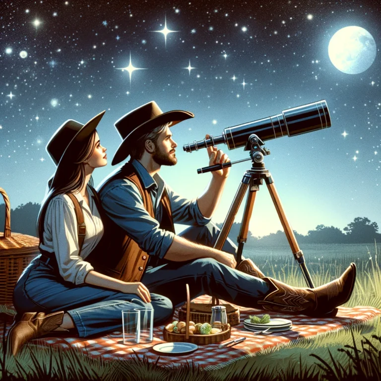 Cowboy and Cow girl looking through a telscope