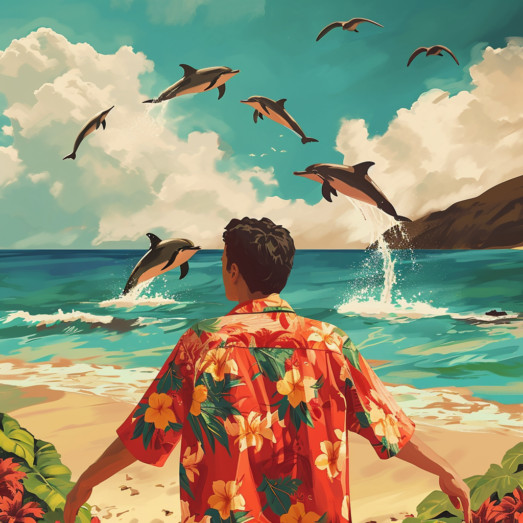 man weraong a hawaiian shirt with dolphins jumping