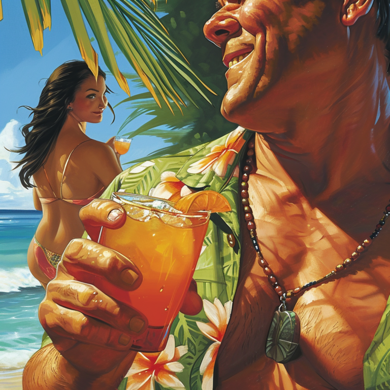 Man in hawaiian shirt drinkiogn watching a girl ion a bikni walk by