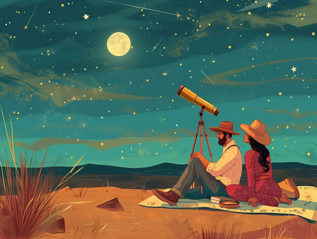Cowboy and cowgirl looking at the night sky.