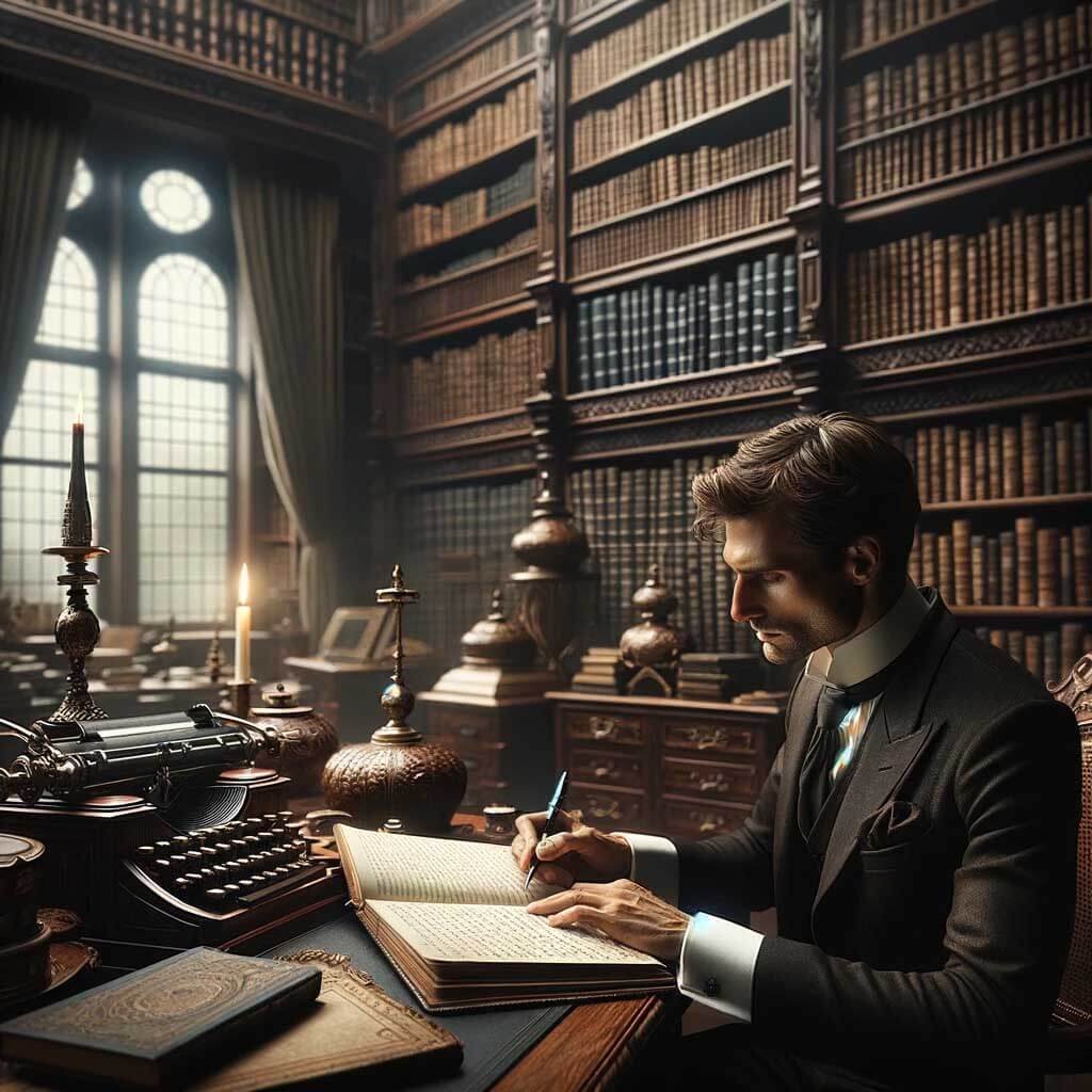 man writing with a Montblanc pen in a library