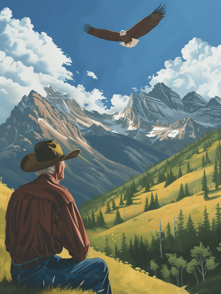COWBOY WATCHING AN EAGLE FLY
