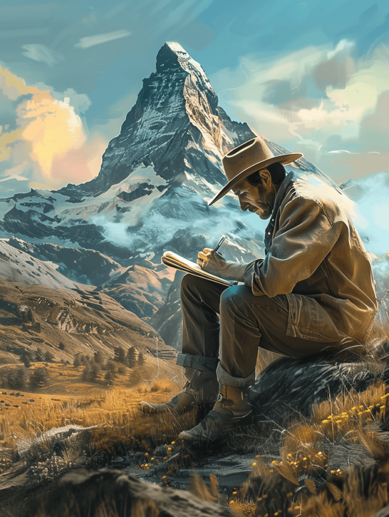 cowboy writing with a Montblance with a mountain in the background