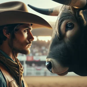 Cowboy and. bull looking at each other