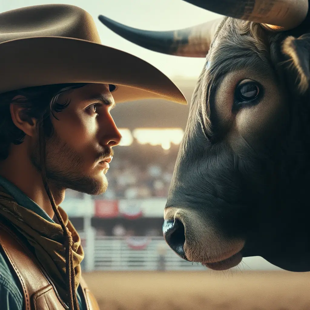 Cowboy and. bull looking at each other